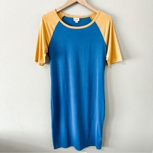 LuLaRoe Blue & Yellow Crewneck Short Sleeve T-Shirt Midi Dress Medium